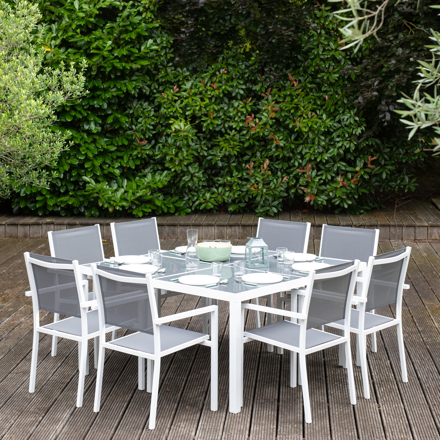 Conjunto de jardín cagliari 8 plazas en textileno gris aluminio blanco