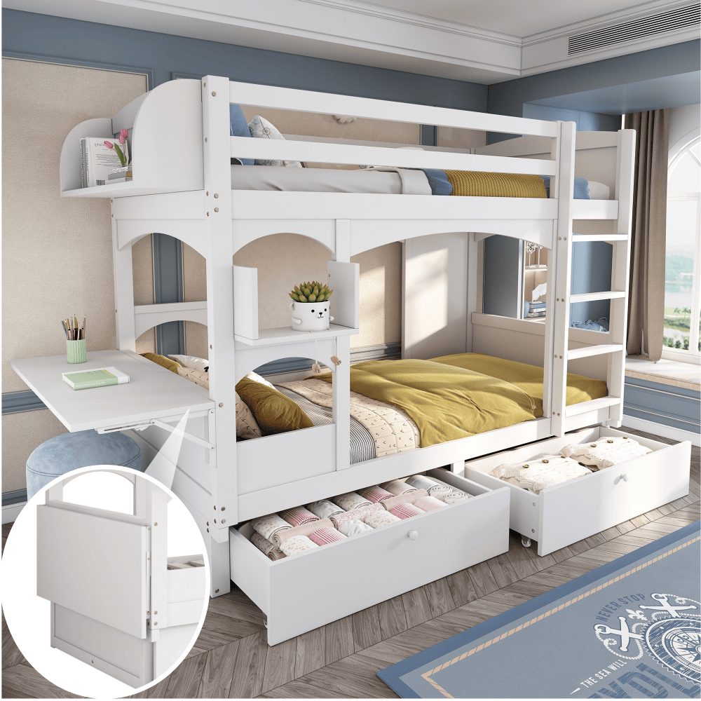 Litera 90x200cm con escritorio plegable y cajones madera maciza – blanco