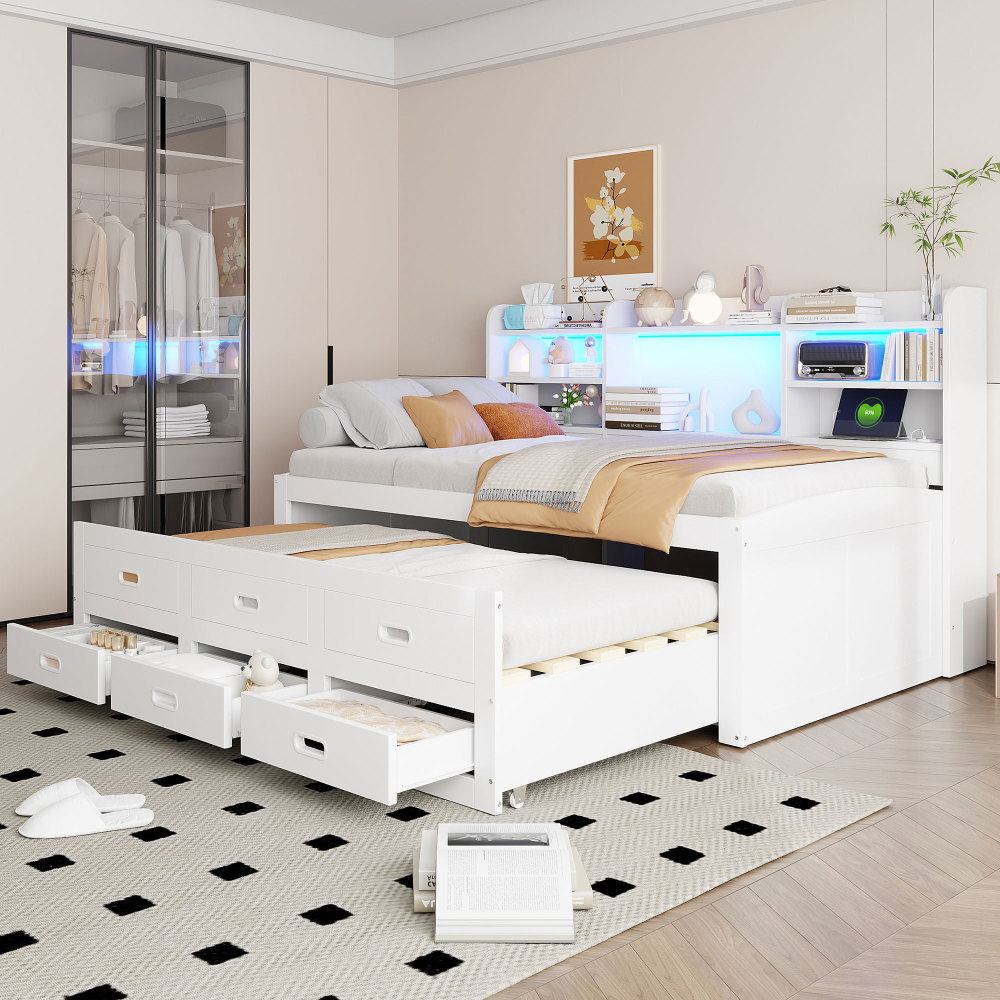 Cama nido 90x200cm con LED, 3 cajones y usb mdf y aglomerado –blanco