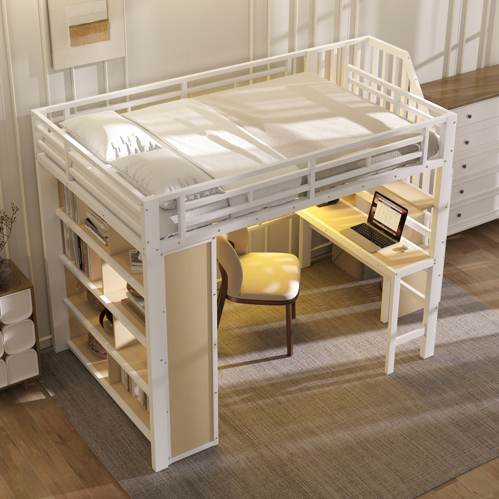 Cama alta 140x200cm con escritorio, estantes y LED metal – color blanco