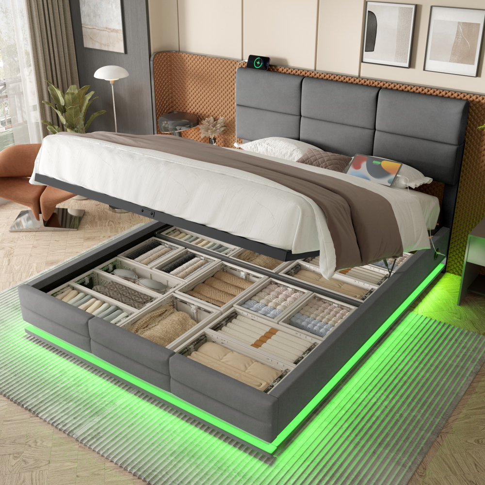 Cama 180x200cm con iluminación LED, usb y canapé en terciopelo – gris