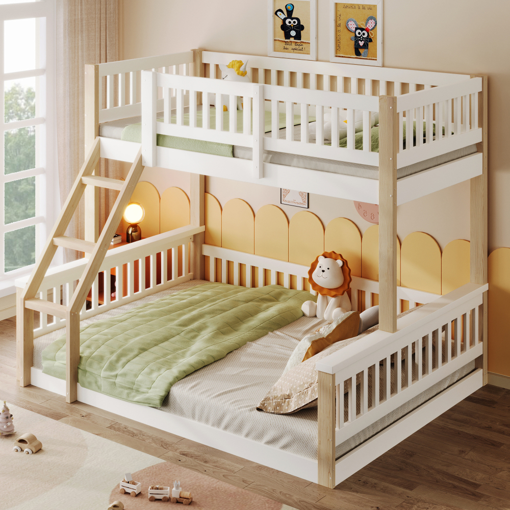 Litera 90/140x200cm con escalera y barandillas madera – blanco y natural