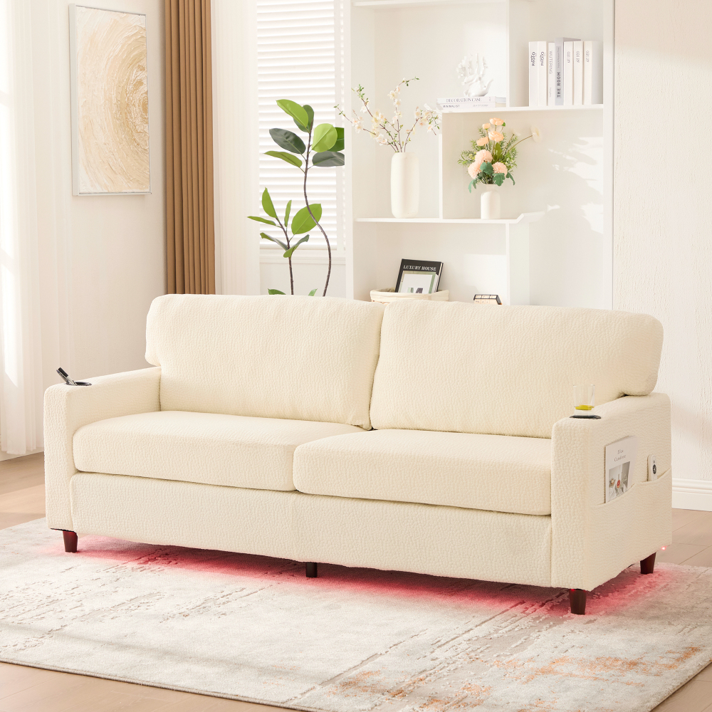 Sofá 2 plazas chenilla beige con usb c LED portavasos y bolsillos laterales