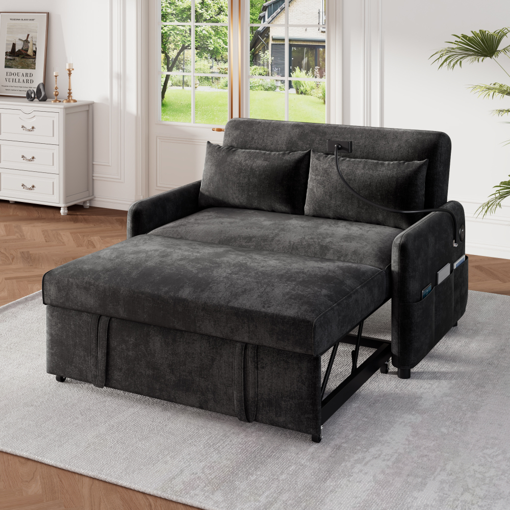 Sofá cama 2 plazas chenilla gris con respaldo ajustable y usb