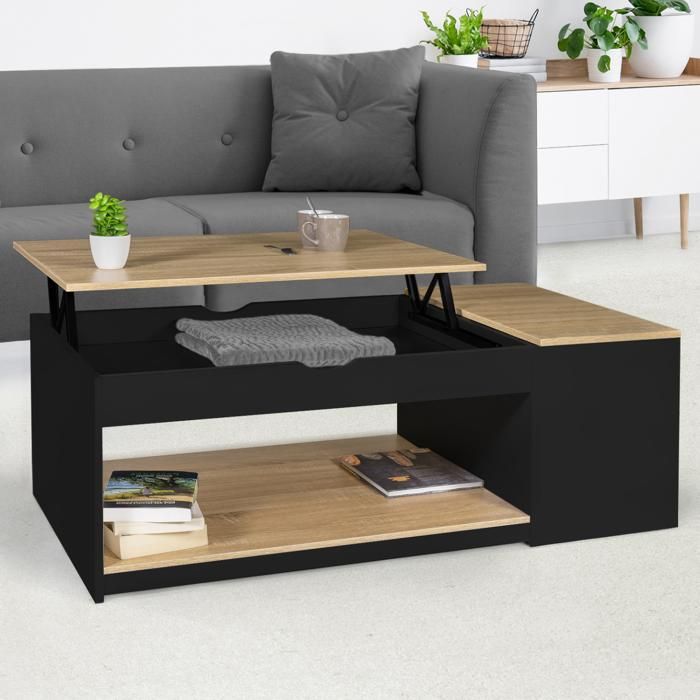 Mesa baja elevable rectangular negro/madera - 3 estantes - 110x60x45