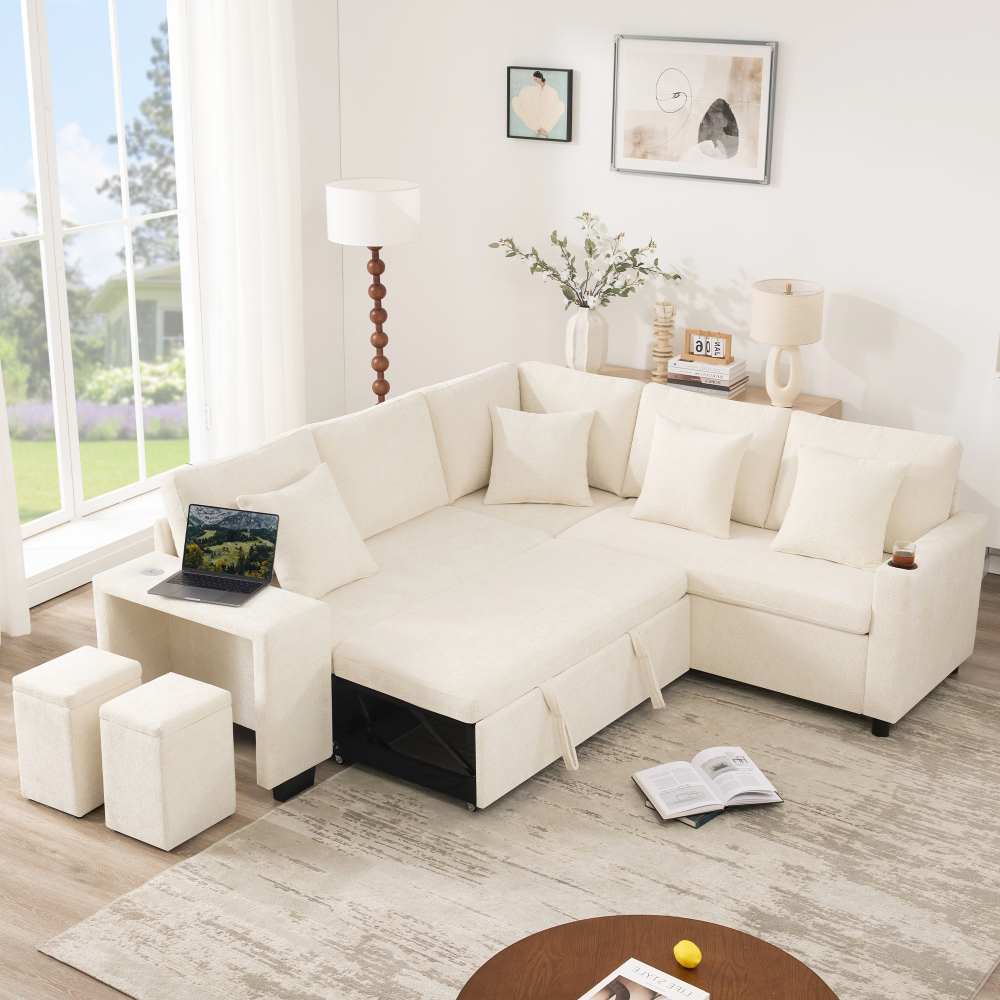 Sofá cama en l chenilla beige 5 plazas con usb