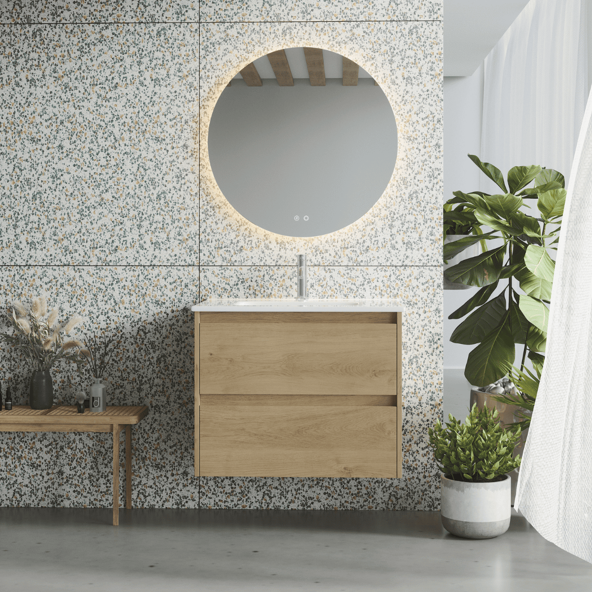Mueble suspendido fondo reducido con lavabo| 2 cajones | 70 cm roble