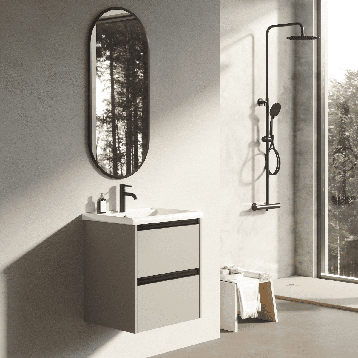 Mueble baño fondo reducido| lavabo| 2 cajones| 50 cm moka tir. Negro