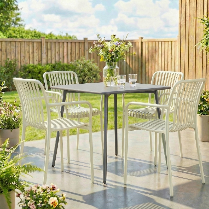 Silla de jardín apilable de plástico blanco crema con reposabrazos set de 4