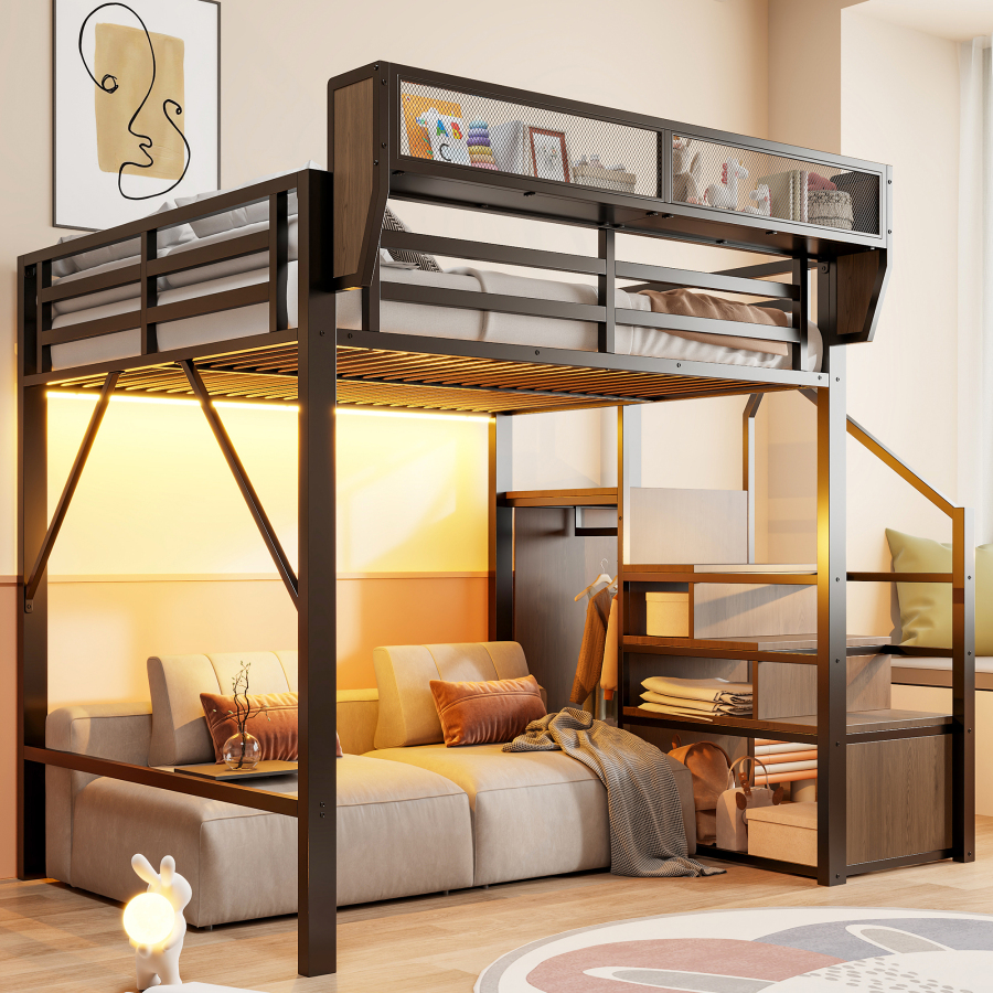 Cama alta 140x200cm con LED y estante metal – negro