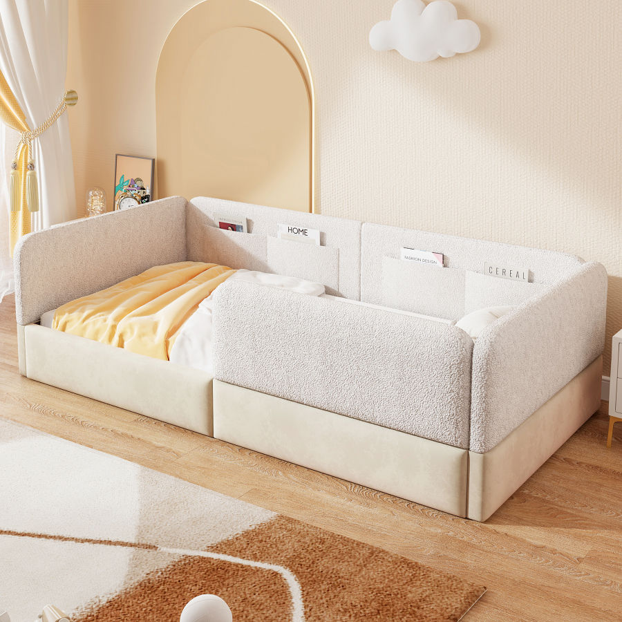Cama tapizada 90x200cm con barandilla y bolsillos mdf y pu blanco