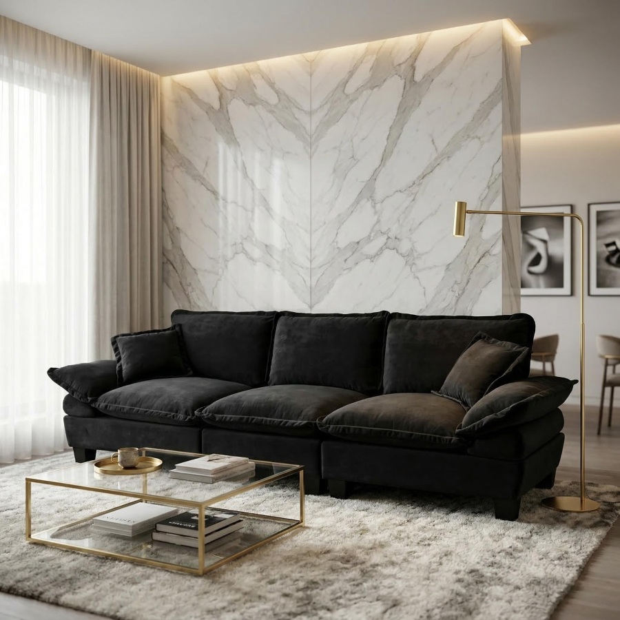 Sofá modular chenilla negro 3 plazas con reposabrazos curvos