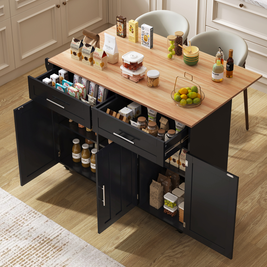 Isla de cocina con ala abatible 2 cajones negro y natural 91,5x129x46cm