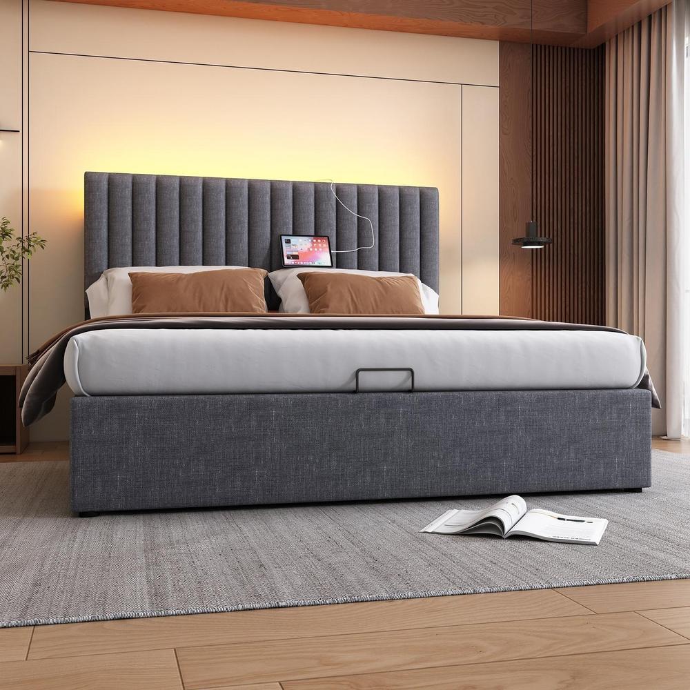 Cama canapé 160x200cm con almacenaje, cabecero, LED por app, gris