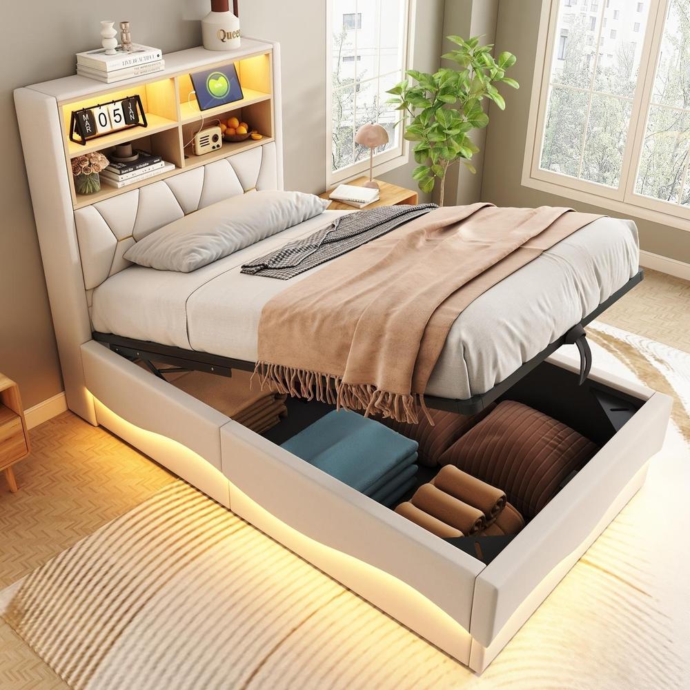 Cama infantil 90x200cm con almacenaje hidráulico,LED con app,usb beige