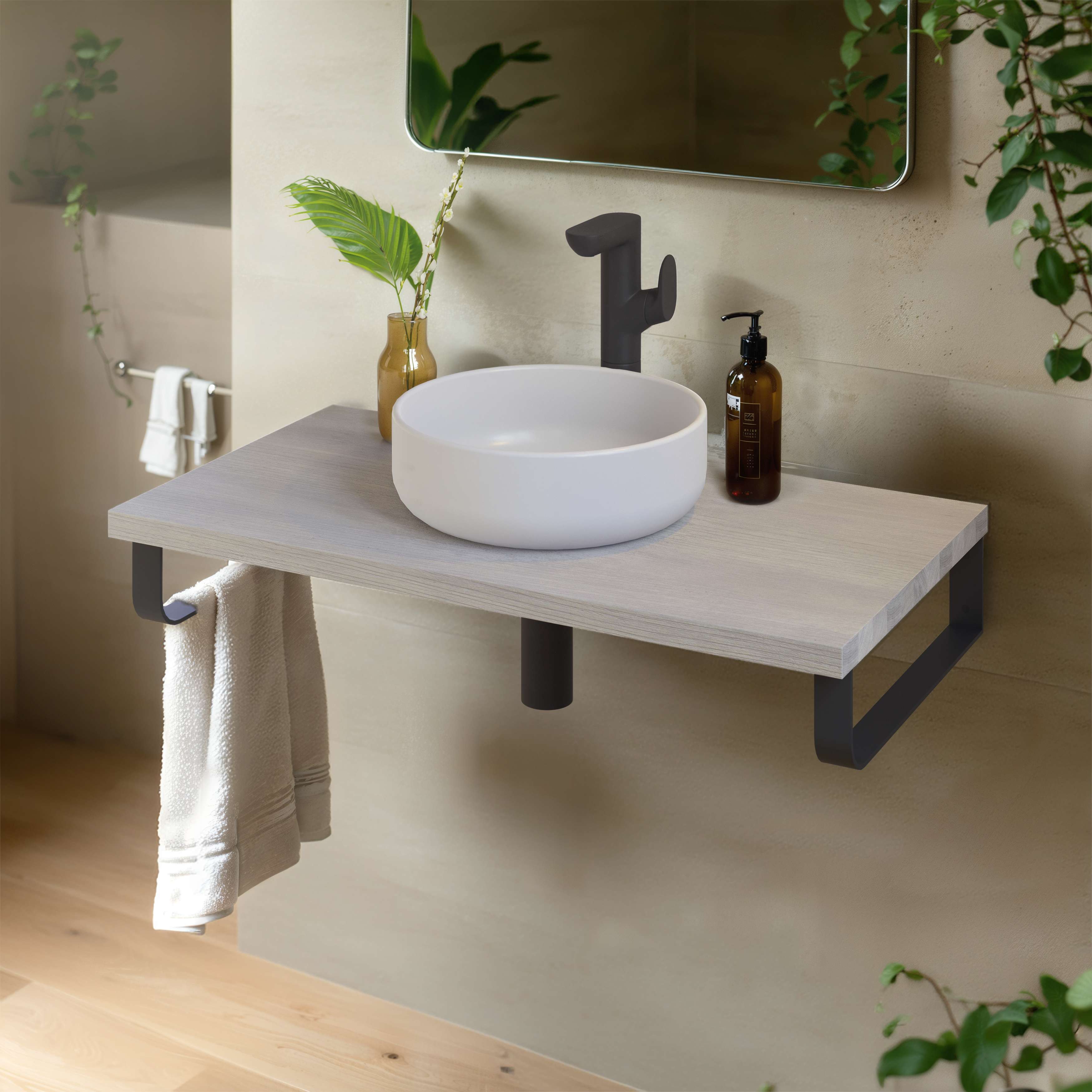 Encimera lavabo 91x49x3 cm chapa fresno natural con soportes negros