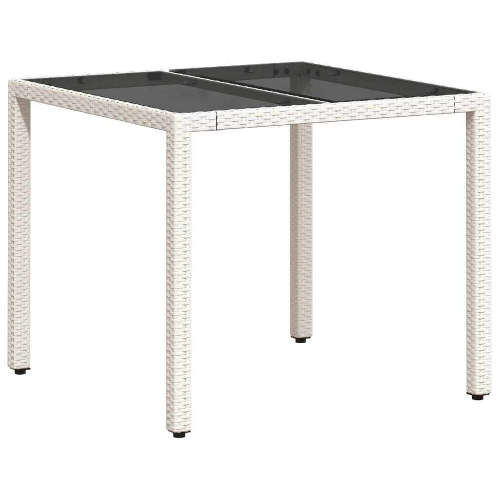vidaXL mesa de jardín superficie de vidrio ratán pe blanco 90x90x75 cm