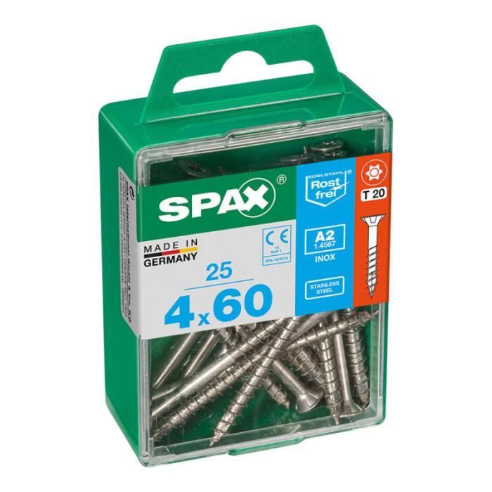 Caja 25 unid. Tornillo madera spax cabeza plana inox a2 4,0x60mm