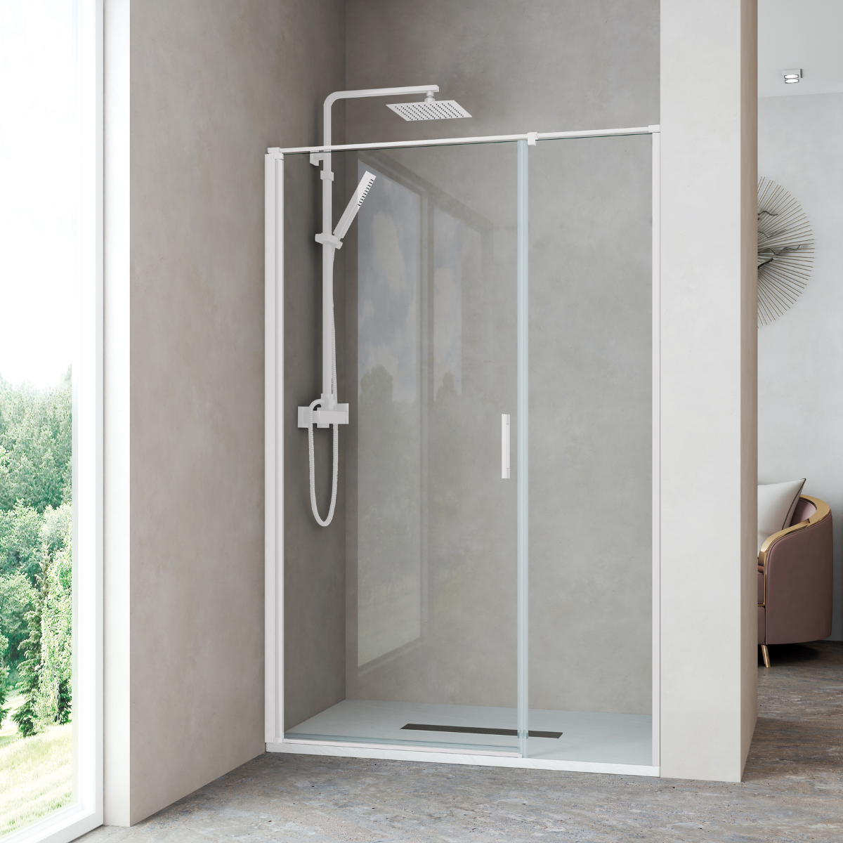 Mampara ducha frontal 1 puerta abatible 1 fijo 140cm transparente blanco