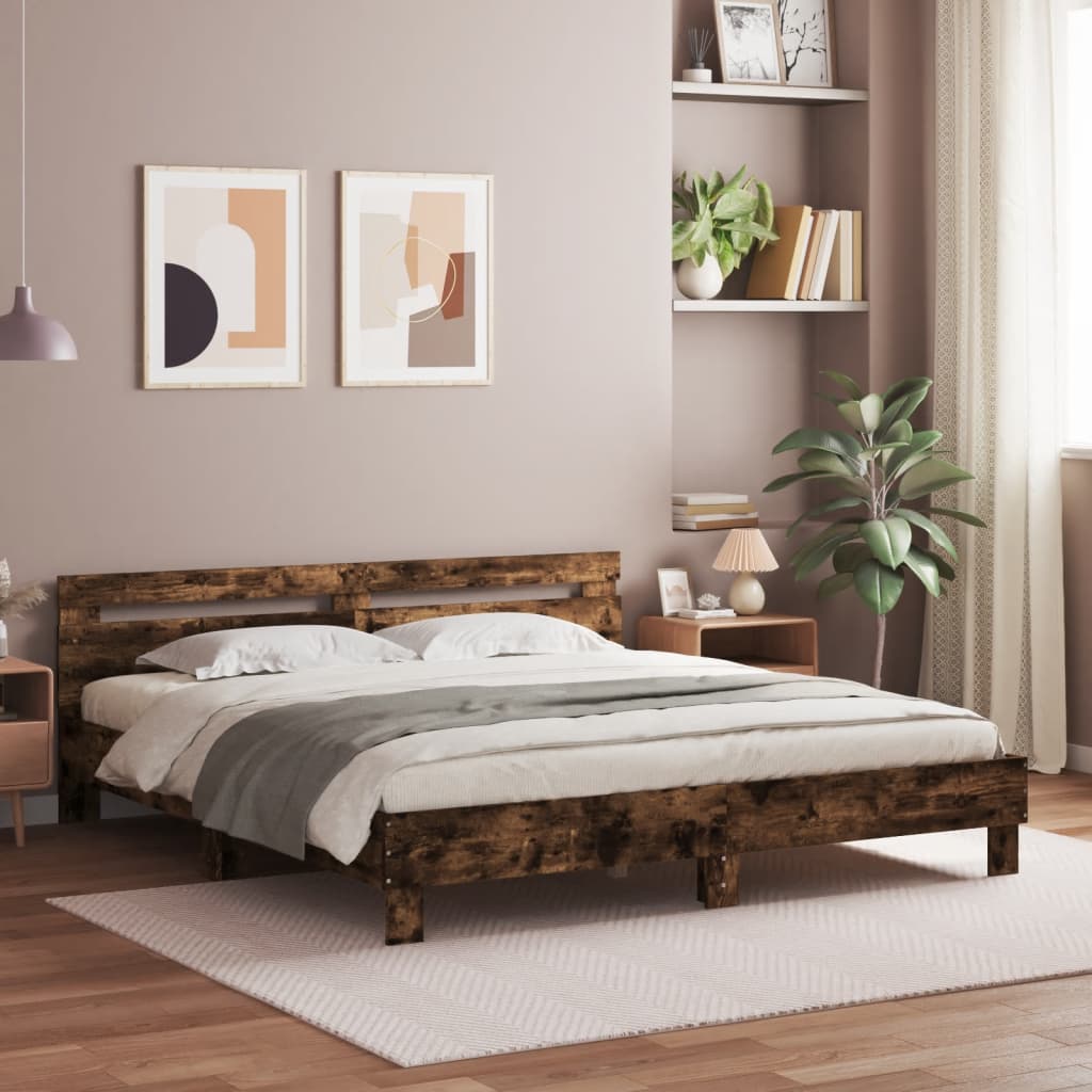 Cama con cabecero madera de ingeniería roble ahumado 180x200 cm