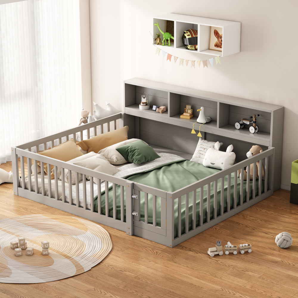 Cama doble 140x200cm con barandilla y estantes laterales pino y mdf – gris