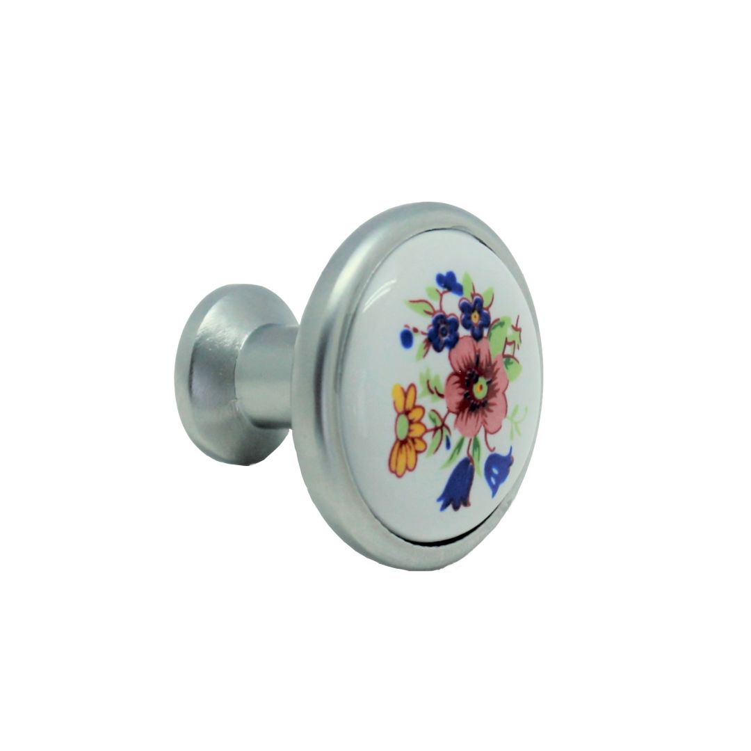 Pomo de mueble en porcelana blanca, sobre base de cromo mate de 32 mm