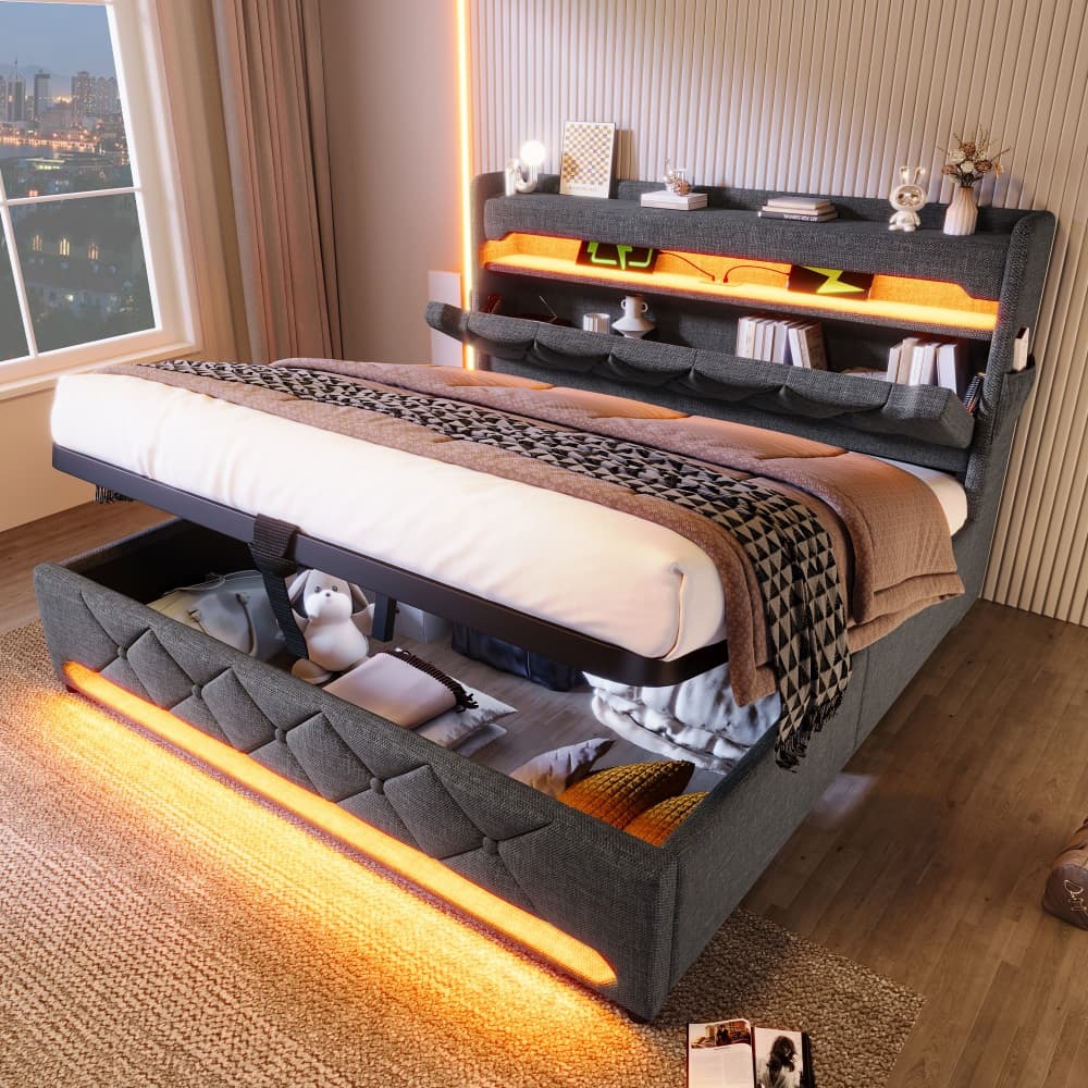 Cama tapizada 140x190 cm con LED, usb y canapé de lino – color gris