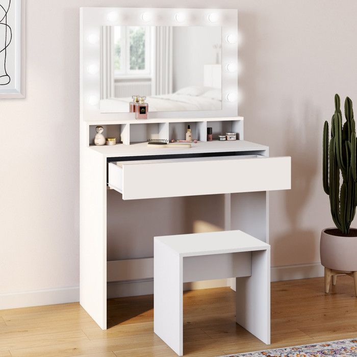 Tocador blanco LED zelia con taburete 80 cm