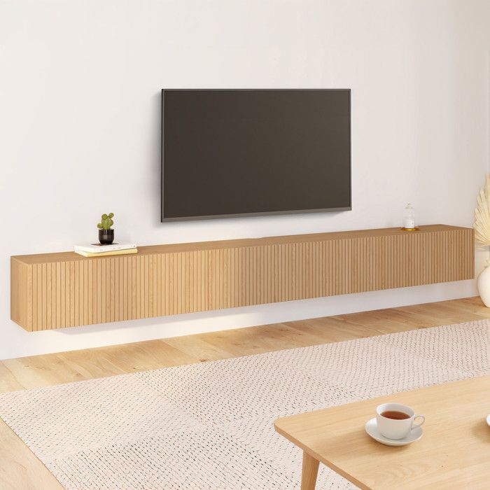 Mueble de tv suspendido efecto listones de madera - 270 cm