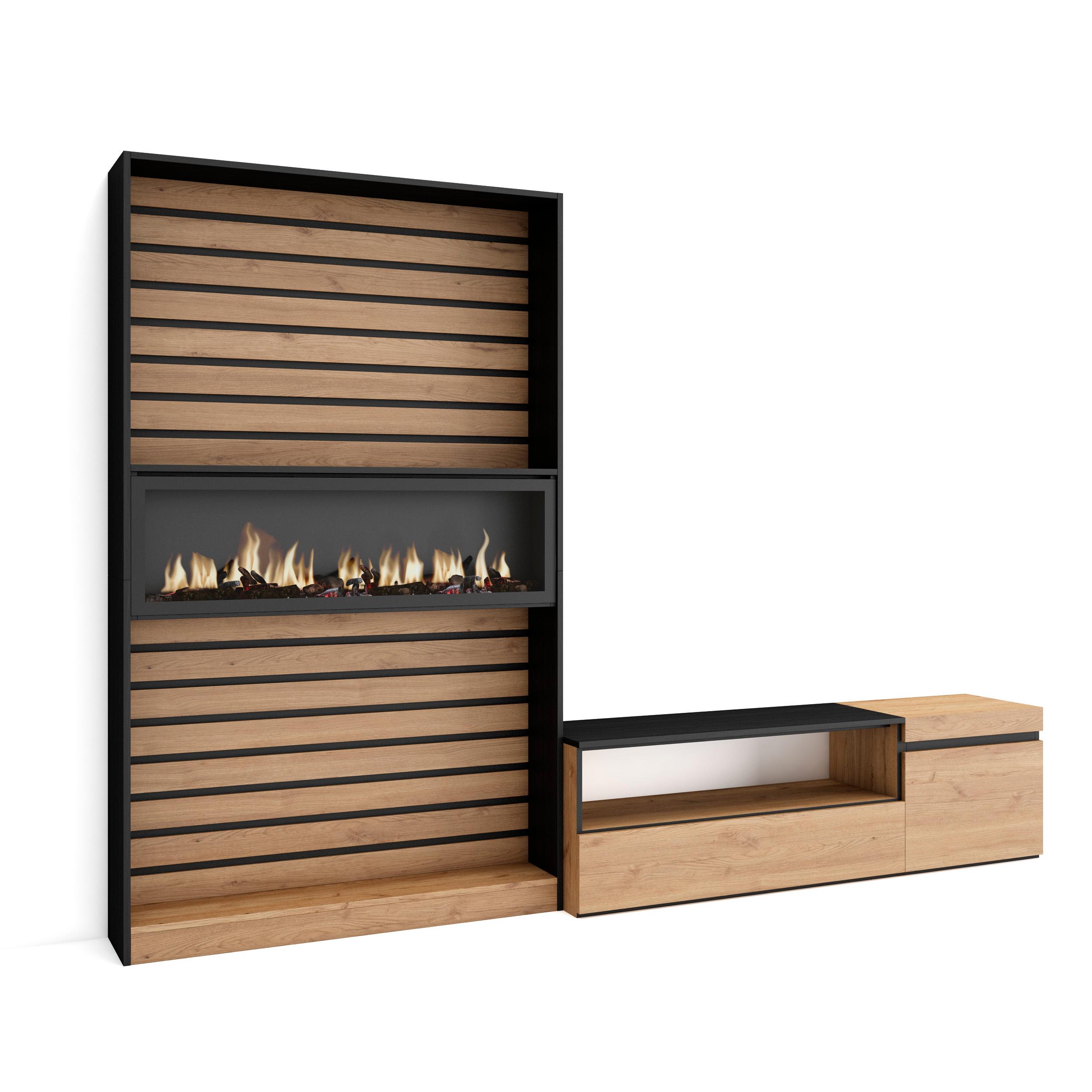 Muebles salón, 260x35x186cm, roble y negro, chimenea eléctrica xxl rf3156