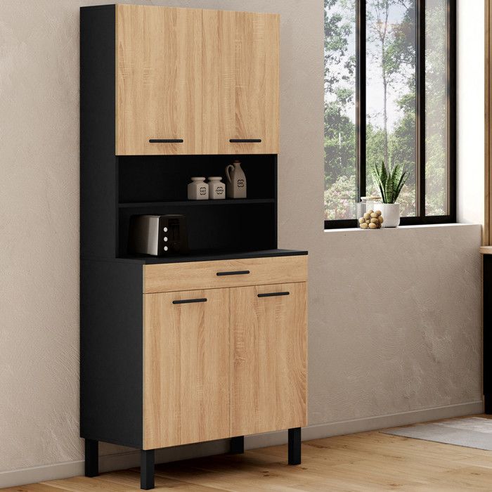 Aparador de cocina negro efecto haya de 4 puertas 80 cm