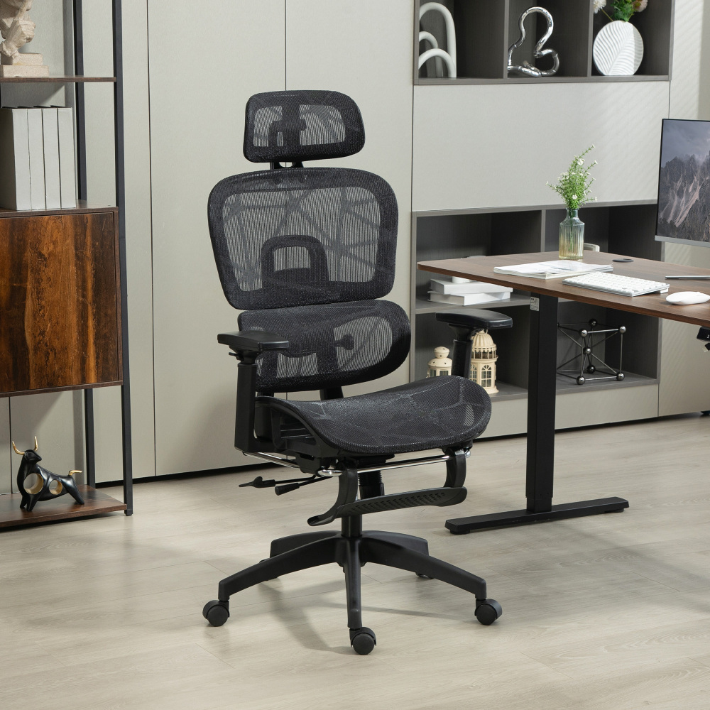 Silla oficina ergonómica malla negra con reposapiés