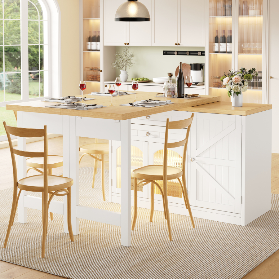 Isla de cocina extensible con puertas de vidrio blanco 73,5x120x40cm