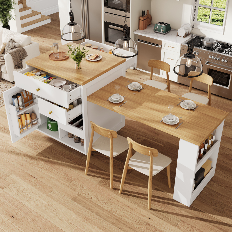Isla de cocina con tablero extensible 2 cajones blanco 93,8x195,5x70cm