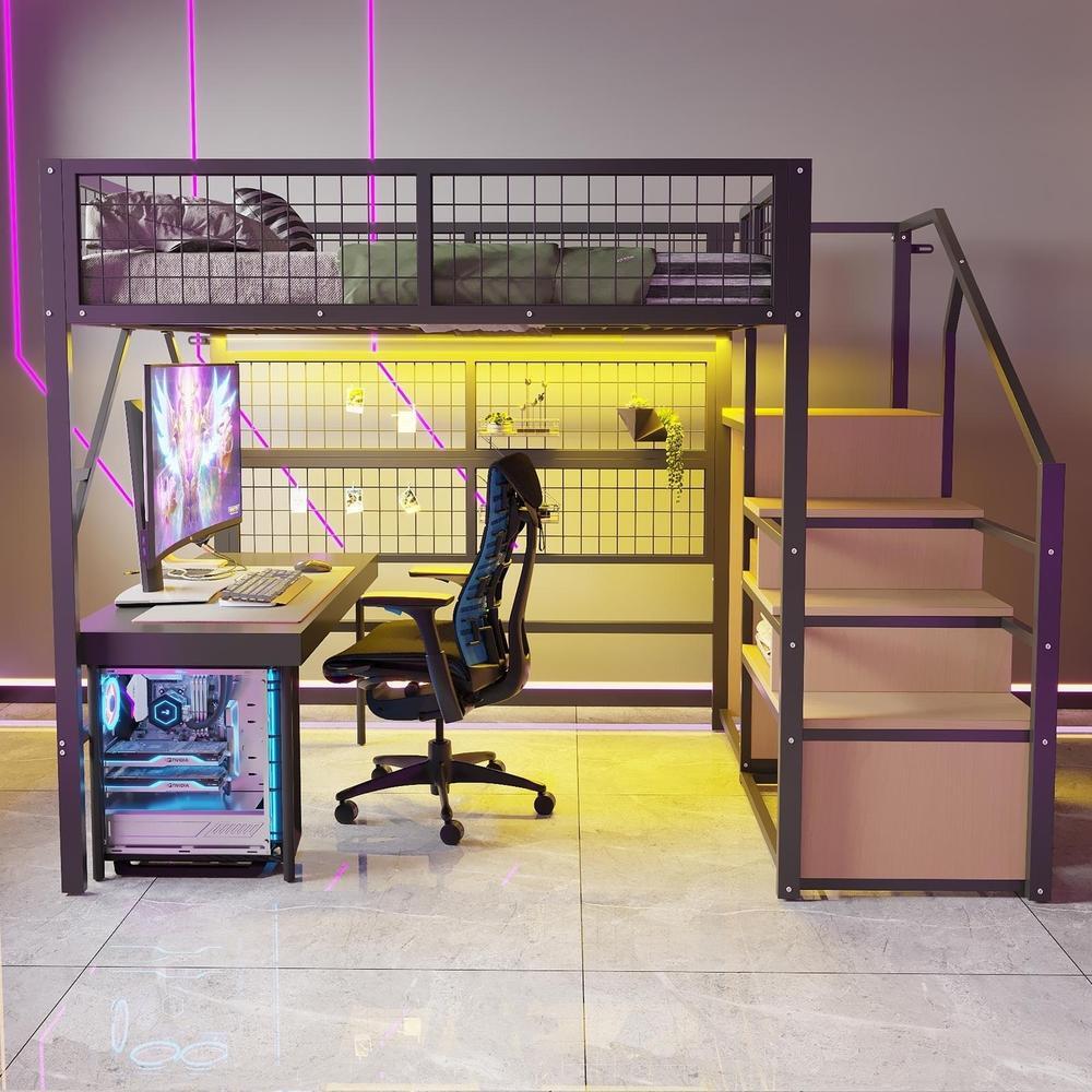 Cama loft 140x200cm con escalera, armario abierto y LED, negra