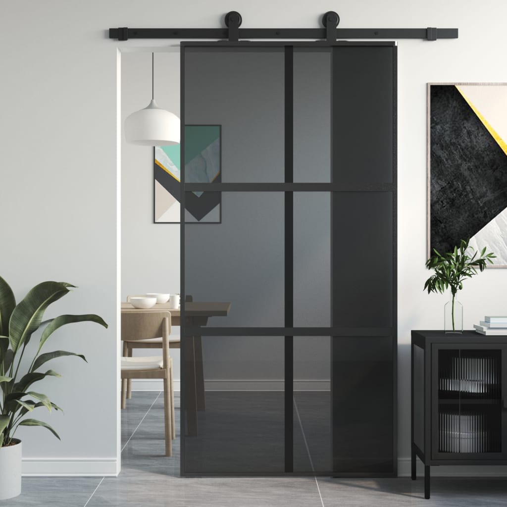 Puerta corredera vidrio templado y aluminio negra 102,5x205 cm esxt4180