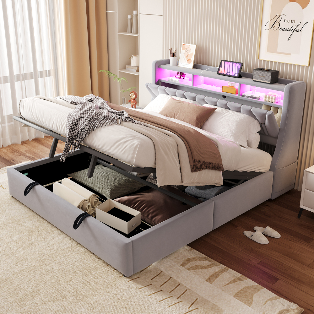 Cama tapizada 180x200cm con canapé hidráulico LED usb terciopelo gris claro