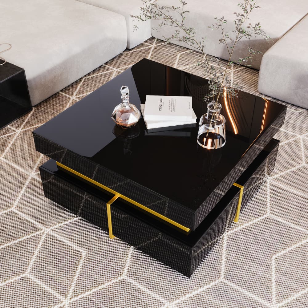 Mesa de centro con 2 cajones negro alto brillo 35,5x70x70cm