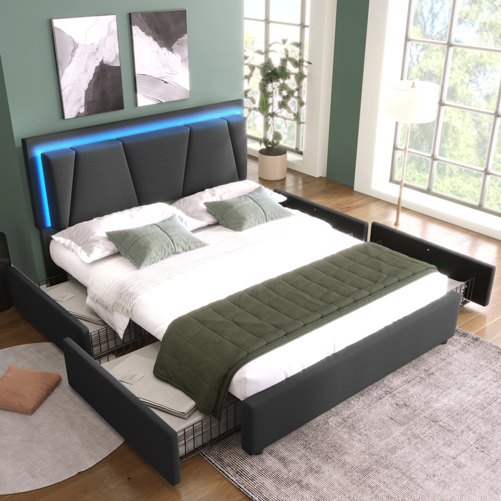 Cama tapizada 140x200cm con LED, 4 cajones y cabecero ajustable madera-gris