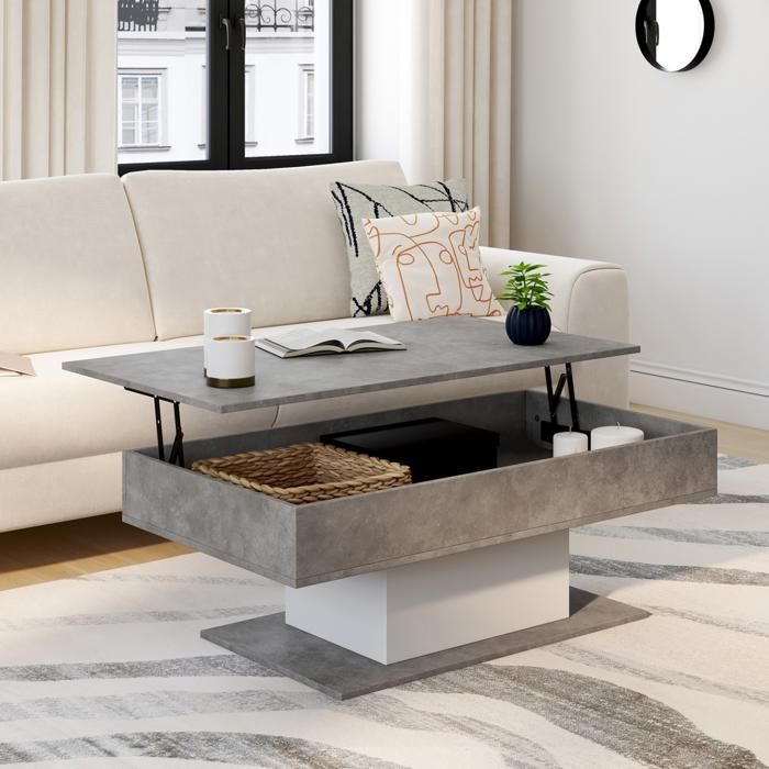 Mesa de centro rectangular elevable eden efecto hormigón y blanco