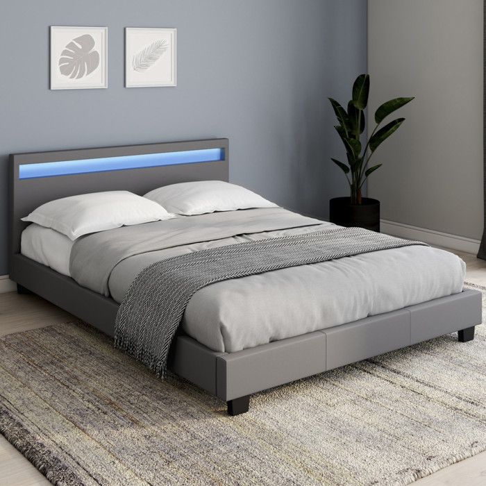 Cama doble LED gris PVC con somier - 140x190 cm