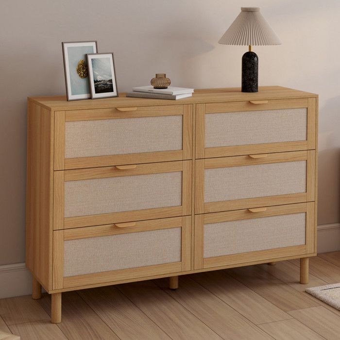 Cómoda de 6 cajones de madera beige efecto lino - 115 cm