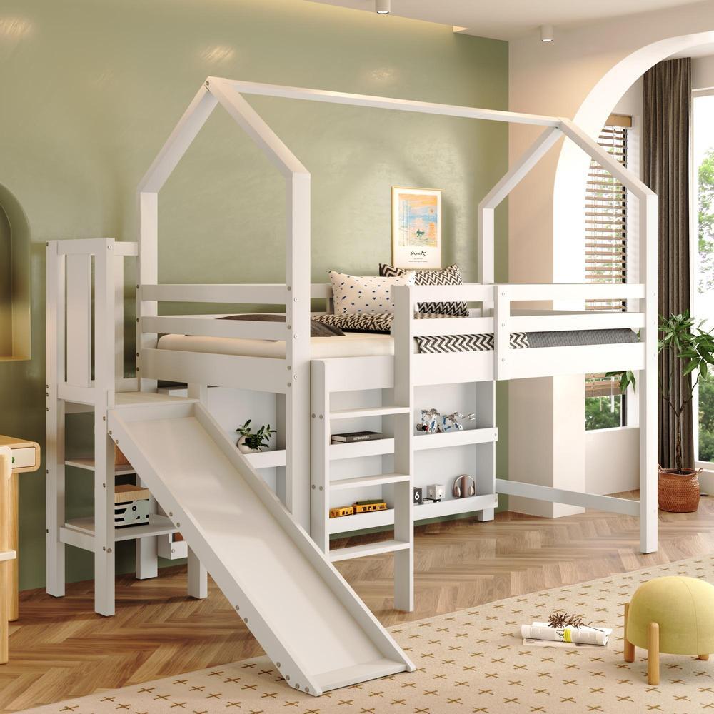 Cama infantil 90x200cm con tobogán escaleras almacenaje blanco