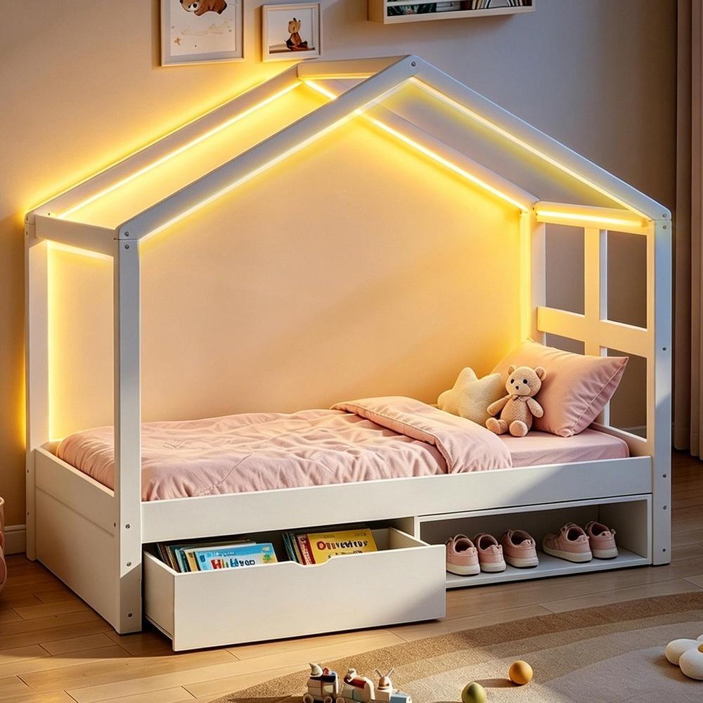 Cama de madera con cajón 90x190cm LED multicolor blanca