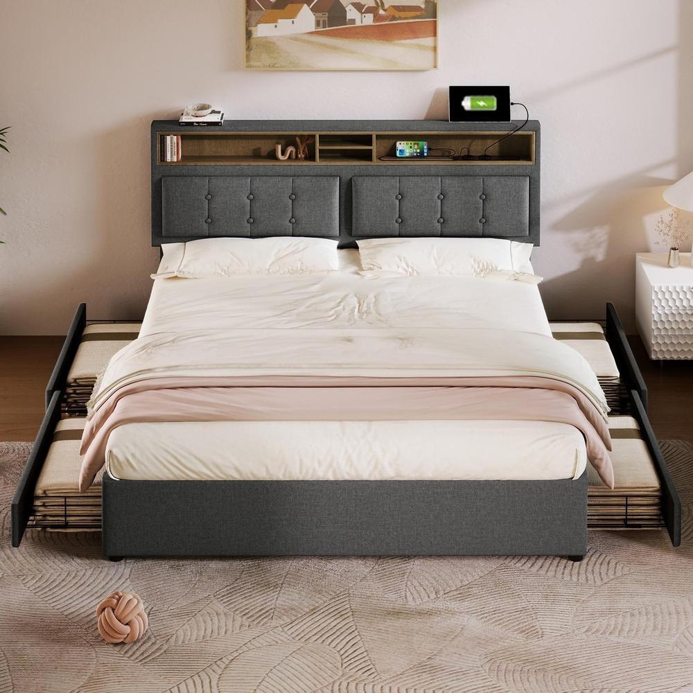 Cama doble 140x200 cm con 4 cajones y cabecero ajustable, gris