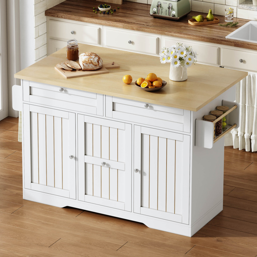 Isla de cocina encimera abatible y 4 cajones natural blanco 92x120x45cm