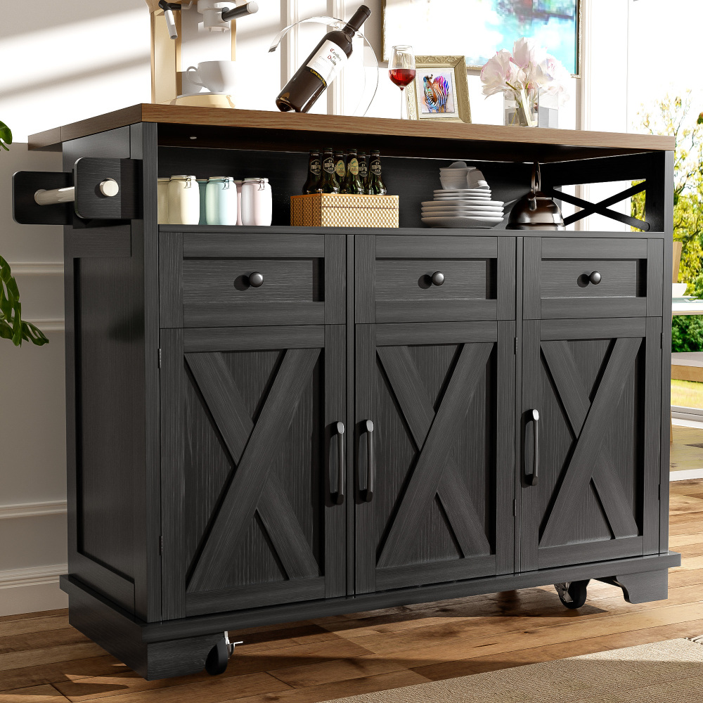 Isla de cocina con 3 cajones y 1 puerta negro 98x118x43-80cm