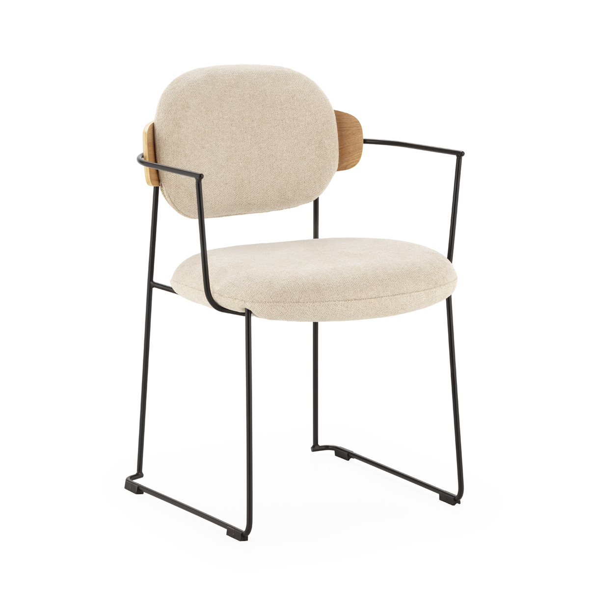 Silla 58x55,5x80,3 metal negro, madera natural, tela blanco