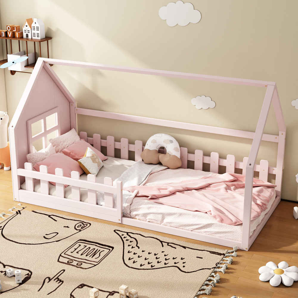 Cama infantil 90x200 cm en forma de casa madera de pino y mdf – color rosa