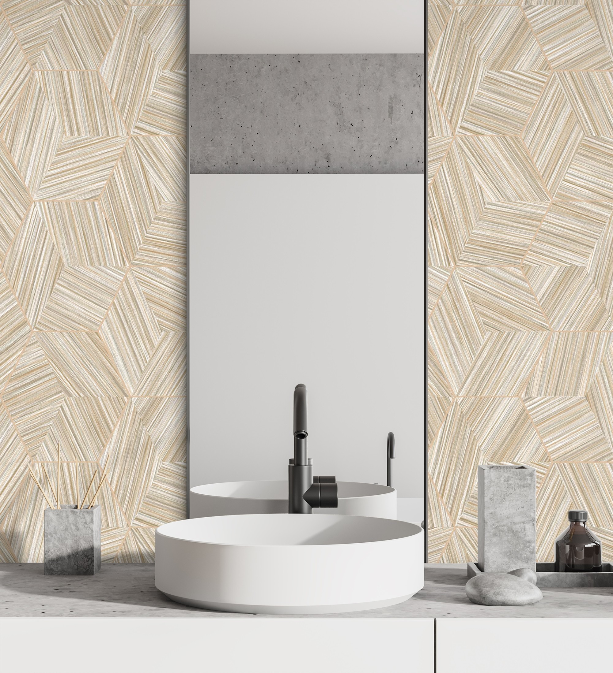 Papel pintado gaulan hexágonos beige y líneas doradas en 10.6m²